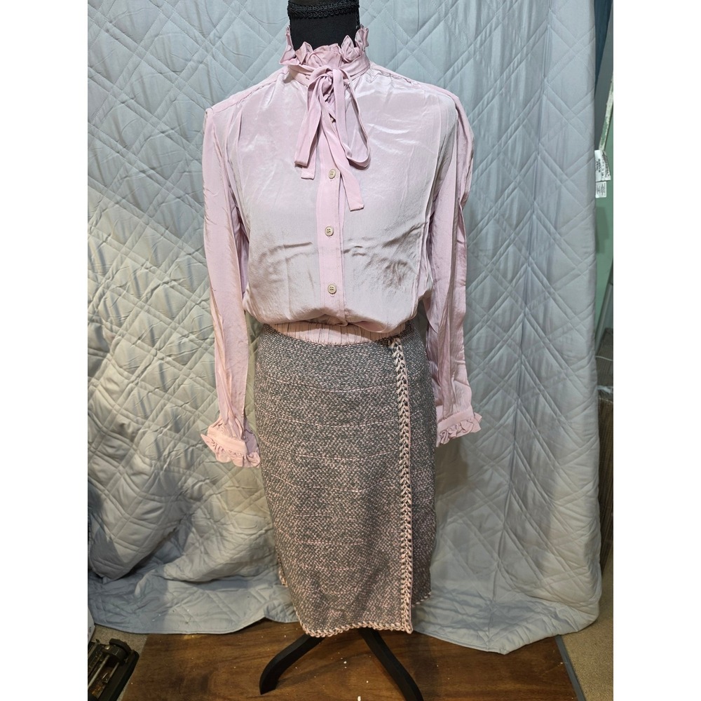 Adolfo Saks Fifth Avenue 3pc Suit Wool Knit Jacket Skirt Silk Blouse Pink Grey - Picture 5 of 16